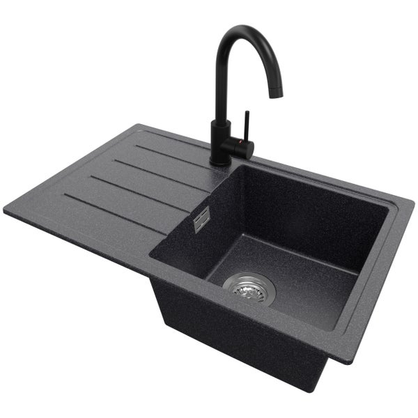 PRIMAGRAN Granitspüle Anthrazit 70x44cm, Spülbecken 1 Becken + Küchenarmatur 32x20cm + Ablauf-Set, Küchenspüle ab 45er Unterschrank - Kopenhagen Easy