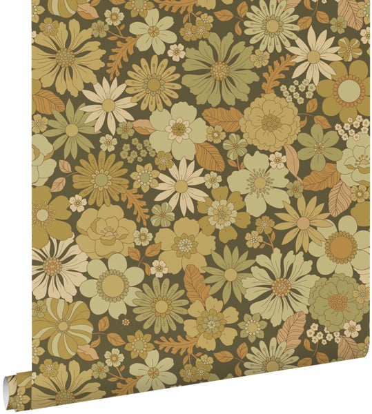 ESTAhome Tapete Retro Blumen Olivgrün - 50 x 900 cm - 130967