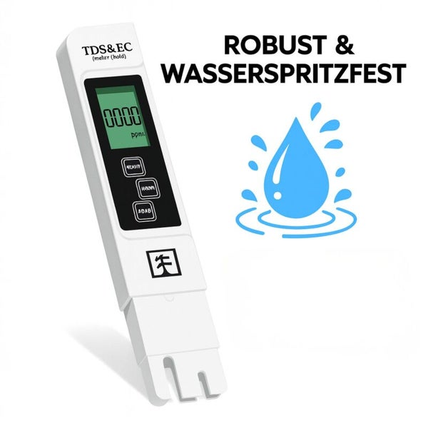 Weißes TDS und EC Messgerät zur Messung der Wasserqualität.