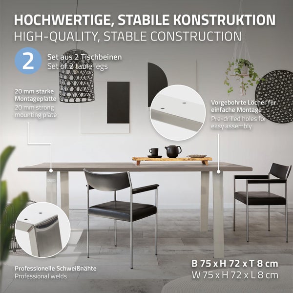 ML-Design 2er Set Tischbeine Loft 75x72 cm, Silber, Profil 8x2cm, aus Edelstahl, Industriedesign, U-Form, Metall Tischgestell scandic, Tischkufen Tischuntergestell Möbelfüße, für Esstisch/Schreibtisch