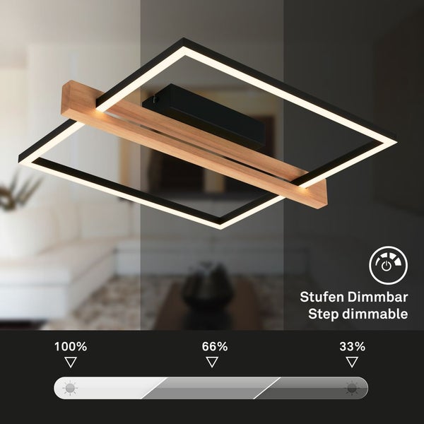 Briloner Moldura LED Deckenlampe, Stufen dimmbar, Holzdekor, Speicherfunktion, Warmweißes Licht, Schwarz-Holz, 43 x 35 x 7,5 cm