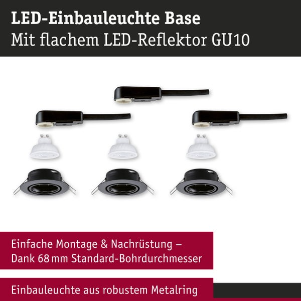 Dreier-Set LED-Einbaustrahler Base mit flachem GU10-Reflektor, schwarzem Metallring und 68 Millimeter Bohrdurchmesser.