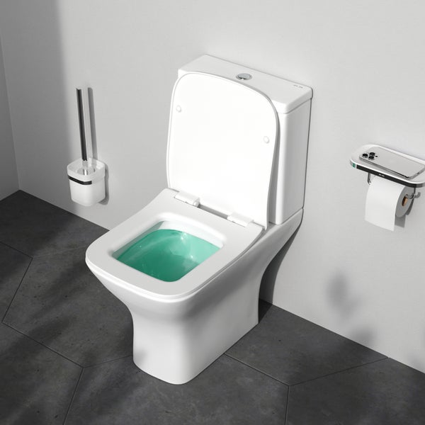 Weißes Stand-WC mit offenem Spülkasten, Toilettenbürste und Papierhalter im Badezimmer