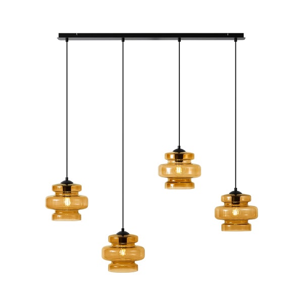 Pendelleuchte mit vier amberfarbenen Glasschirmen