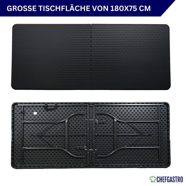 Klappbarer Buffet-Tisch mit Rattan-Optik, Tischfläche 180 mal 75 Zentimeter, Ansicht von oben sowie von unten mit eingeklappten Metallbeinen.