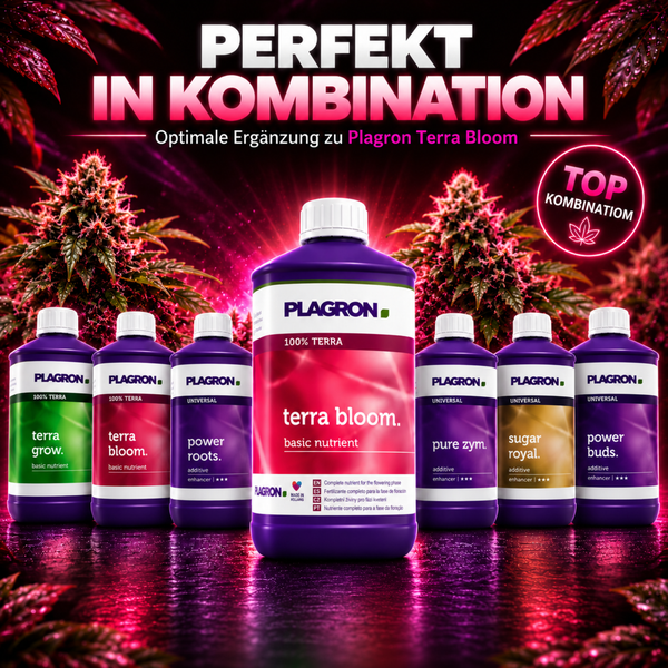 Eine Auswahl an Plagron Pflanzendünger und Zusätzen wie Terra Bloom und Power Roots zur optimalen Nährstoffversorgung in der Blütephase.