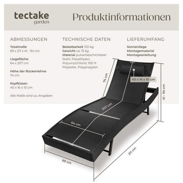 Produktinformationen Tectake Garten Sonnenliege mit Maßangaben