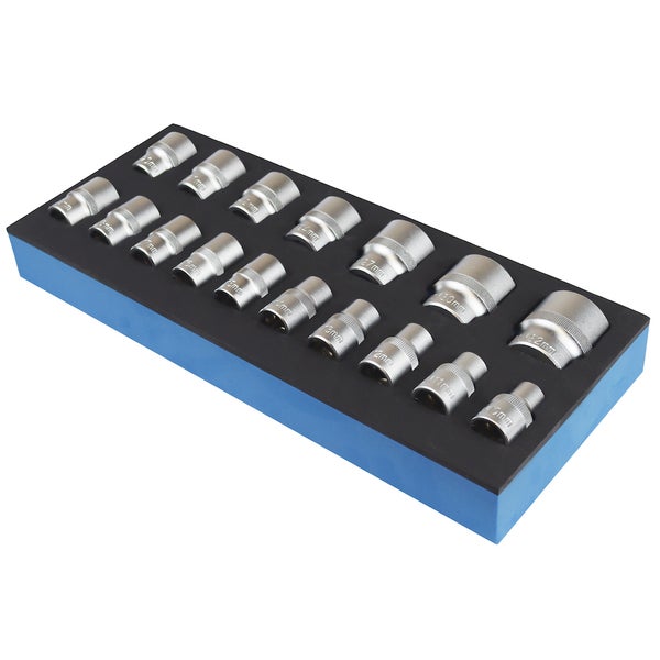 PROREGAL Werkzeug Satz Werkstattwagen Cheetah Steckschlüssel Garnitur 1/2 17 Teile mit Schaumstoff Schubladeneinlage HxBxT 4,6 x 34 x 12,5 cm
