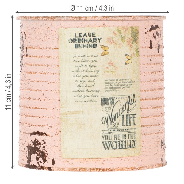 Dekorativer rosa Blechtopf im Shabby-Chic-Stil mit Vintage-Etikett und Blumenmuster, Höhe 11 Zentimeter, Durchmesser 11 Zentimeter.
