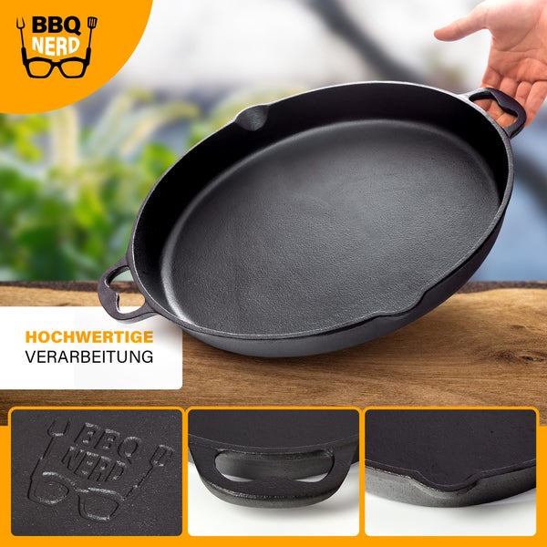 BBQ Nerd Gusseisenpfanne zum Grillen, Rösten, Anbraten | Grillpfanne Ø 40 cm 5300g mit Ausgießer und Henkel | Antihaft-Pfanne Feuerpfanne - hitzebeständig & wärmespeichernd