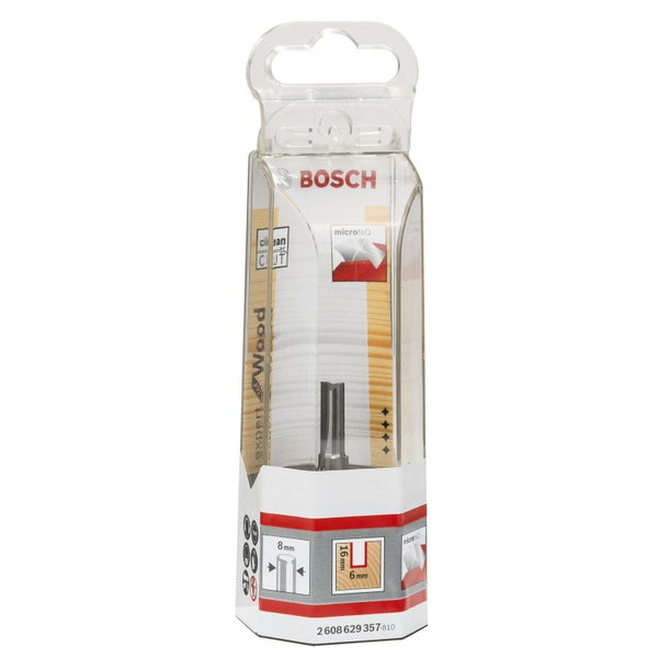 Bosch Logo. Nutfräser mit 8 Millimeter Durchmesser in transparenter Verpackung.