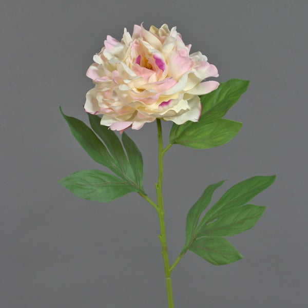 Künstliche Papageientulpe mit gerüschten pink-weißen Blütenblättern und grünem Stiel.