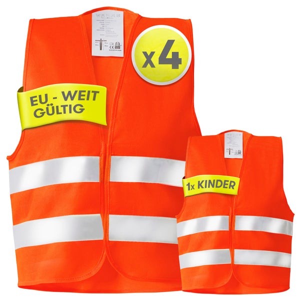 Set mit 5 Warnwesten, 4 für Erwachsene und 1 für Kinder, orange, mit Reflexstreifen, gültig in der gesamten Europäischen Union.