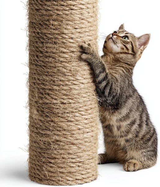 Katze an einer mit Sisalseil umwickelten Kratzsäule.