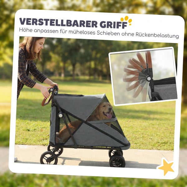 Hundebuggy mit verstellbarem Griff, Frau schiebt Golden Retriever im Park, Detailansicht zeigt verschiedene Positionen der Griffhöhe.
