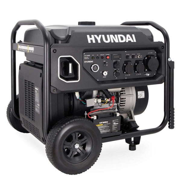Hyundai Inverter Stromerzeuger mit Rädern, Metallrahmen und Bedienpanel.