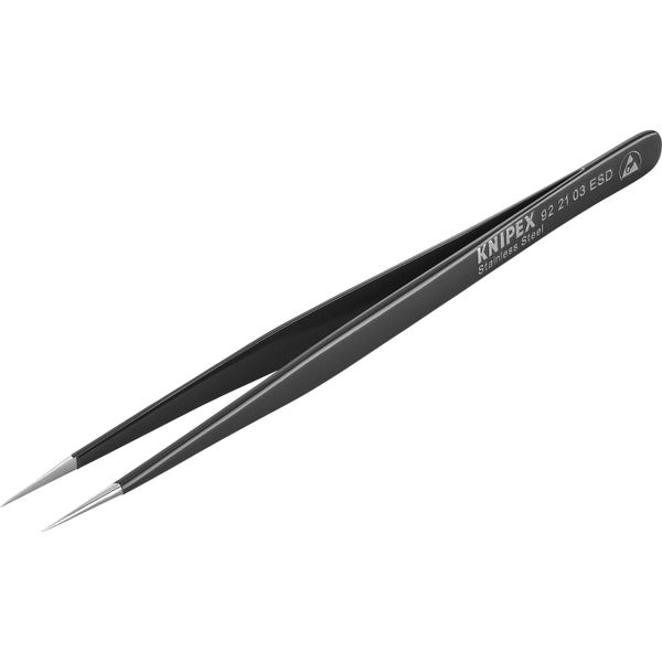 Knipex Präzisionspinzette aus rostfreiem Stahl mit Schutz vor elektrostatischer Entladung und feinen Spitzen.
