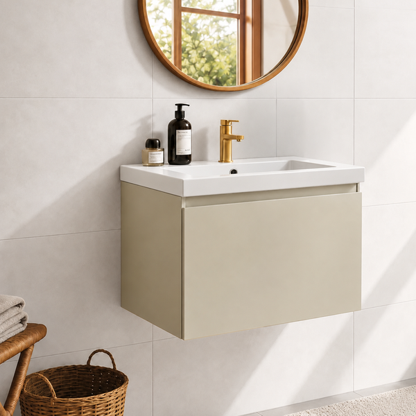 Hängender Waschtischunterschrank mit weißem Waschbecken und goldfarbener Armatur in einem hellen, modern eingerichteten Badezimmer.