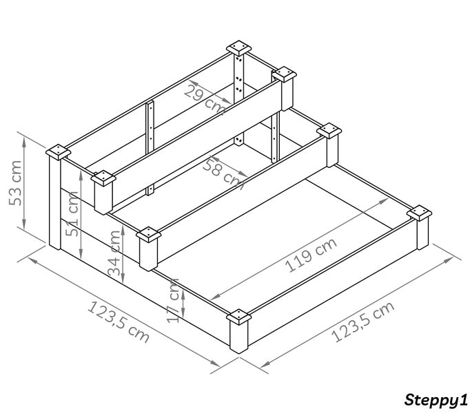 Technische Zeichnung des Stufenhochbeets Steppy 1 mit Maßen: Breite 123,5 Zentimeter, Tiefe 123,5 Zentimeter, maximale Höhe 53 Zentimeter.