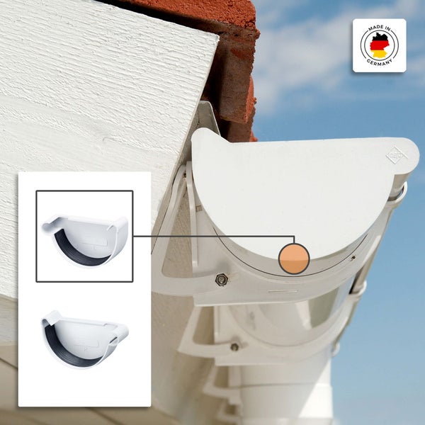 Dachrinnenendstück aus weißem Kunststoff für die Montage am Rinnenende, inklusive Made in Germany Siegel.