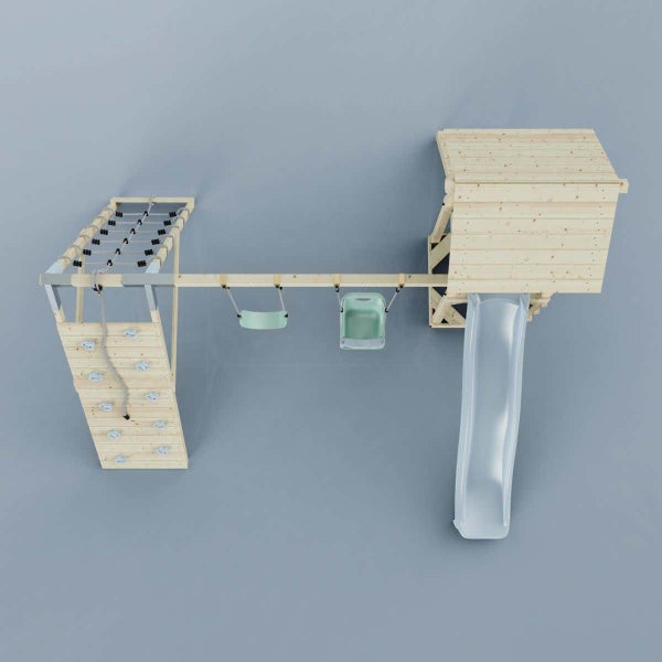 Spielturm aus Holz in der Draufsicht mit Rutsche, zwei Schaukeln, Kletterwand und Kletternetz.