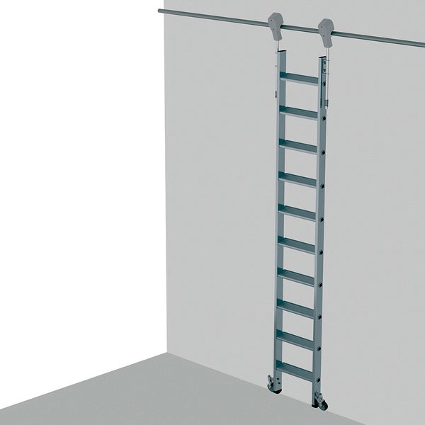 Bibliotheksleiter aus Metall mit Rollen an einer Schiene
