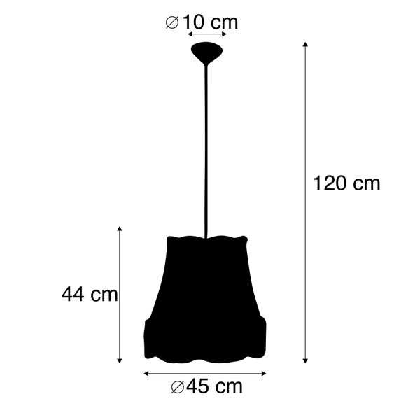 Maßzeichnung einer Pendelleuchte: Gesamthöhe 120 Zentimeter, Schirmhöhe 44 Zentimeter, Schirmdurchmesser 45 Zentimeter, Baldachin 10 Zentimeter.