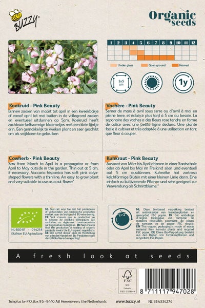 Saatgutpackung Kuhnelke Pink Beauty mit Informationen zu Aussaat und Erntezeiten