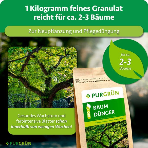 Purgrün Bio Baumdünger Granulat zur Neupflanzung und Pflegedüngung von Bäumen in der wiederverschließbaren Verpackung.