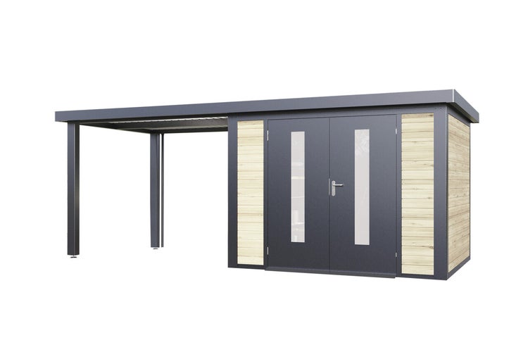 Moderne Kombination aus Gartenhaus und Carport mit Flachdach, Holzpaneelen und Flügeltür mit Glaseinsätzen.