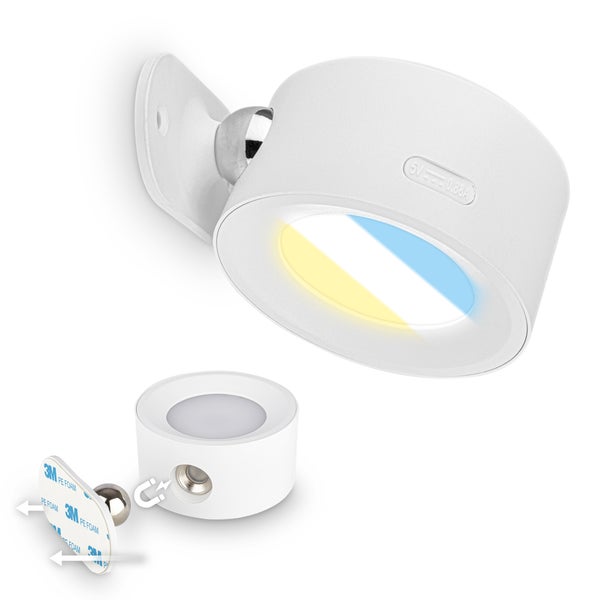 Weiße LED-Wandleuchte mit magnetischem Kugelgelenk, einstellbarer Farbtemperatur und selbstklebender 3M-Halterung für kabellose Montage.