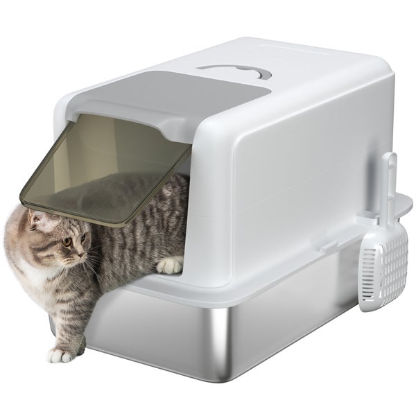 PawHut Katzenklo, Katzentoilette mit Deckel, Wanne aus Edelstahl, eingebauter Streufilter, inklusive Streuschaufel, für Katzen bis 6 kg, Weiß