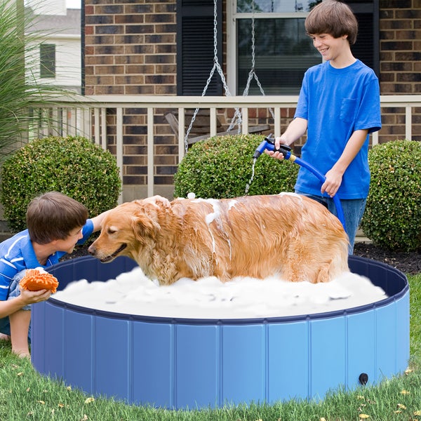 PawHut Hundebadewanne faltbar Badewanne Hundepool Plantschbecken Swimmingpool Wasserbecken für Hunde und Katzen Schwimmbecken Kunststoff+Holz Blau Ø140 x H30 cm