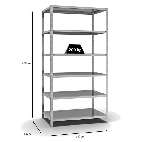 PROREGAL Fachbodenregal Schraubsystem Medium-Duty Grundregal HxBxT 250 x 130 x 80 cm 6 Ebenen Fachlast 200 kg Beidseitig Nutzbar Verzinkt
