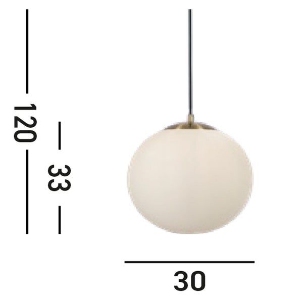 Technische Zeichnung einer Hängeleuchte mit Kugelform und den Maßen 120, 33 und 30 Zentimeter.