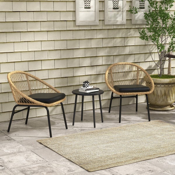 Outsunny 3-tlg. Rattan Gartenmöbel-Set, Balkonmöbel-Set mit Couchtisch, 2 Stühlen, Sitzgarnitur mit Kissen, Gartensitzgruppe für Balkon, Terrasse, Polyester, Gelb