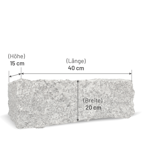 Natursteinmauerstein aus Granit mit Abmessungen von 40 Zentimeter Länge, 20 Zentimeter Breite und 15 Zentimeter Höhe.