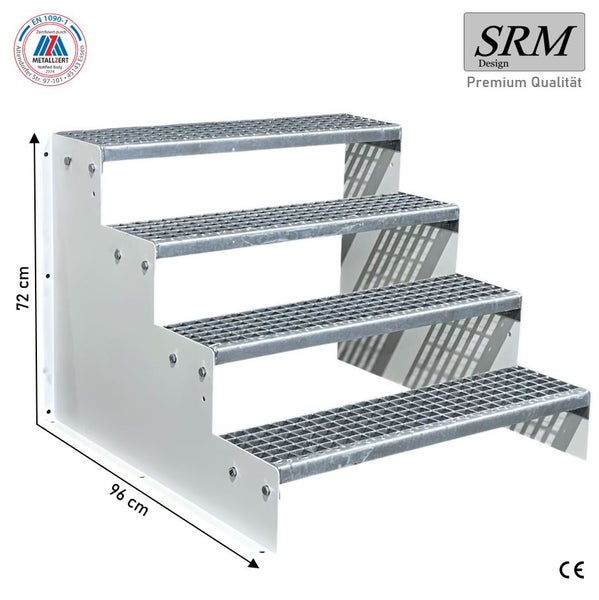 Außentreppe aus Metall mit 4 Gitterroststufen, 72 Zentimeter hoch und 96 Zentimeter tief, SRM Design Logo, EN 1090-1 zertifiziert, CE Kennzeichnung.