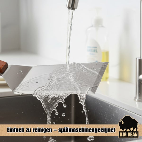 Edelstahlspatel unter fließendem Wasser in einem Spülbecken; Big Dean Logo