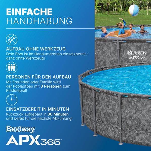 Bestway APX365 Pool mit grauem Steinmuster. Leute spielen im Wasser. Montage ohne Werkzeug durch 3 Personen in 30 Minuten. Bestway Logo.