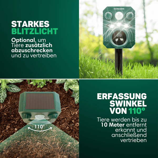 Vulpes Goods Katzenschreck - Ultraschall Tierenvertreiber - Katzenabwehr -Katzenvertreiber - Wasserdicht - 110° - Solar