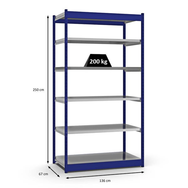 PROREGAL Fachbodenregal Stecksystem Vierkant-Profil Grundregal HxBxT 250 x 132,5 x 60 cm 6 Ebenen Einseitige Bauart Fachlast 200 kg Enzianblau