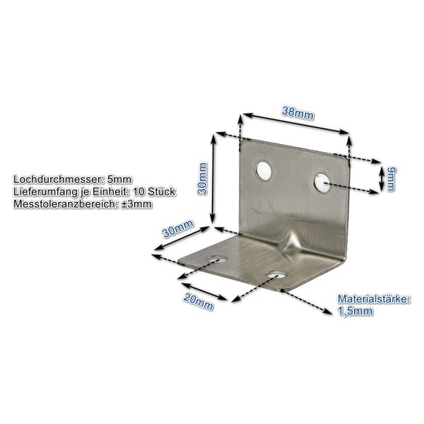 Winkelverbinder aus Metall mit Maßangaben 38 mal 30 mal 20 Millimeter und 1,5 Millimeter Materialstärke als Zehnerpack