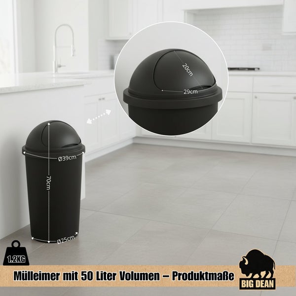 Schwarzer Mülleimer mit 50 Liter Volumen und Schwingdeckel inklusive Maßangaben in einer Küchenumgebung, Big Dean Logo.