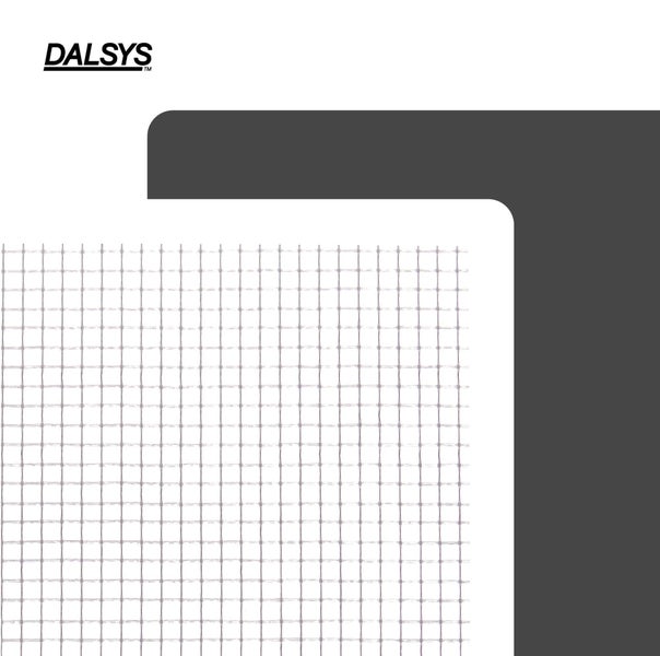 Dalsys Logo und feinmaschiges weißes Armierungsgewebe aus Glasfaser zur Verstärkung von Putz.