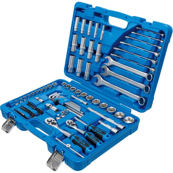 Werkzeugkoffer mit verschiedenen Werkzeugen wie Schraubenschlüssel, Steckschlüsseln und Bits