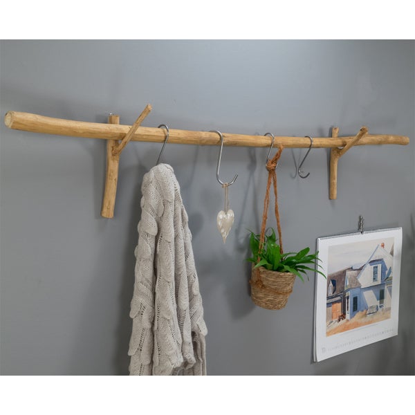 Gardinenstange Vara 170 cm, Teak Massivholz mit Ast-Wandhaken