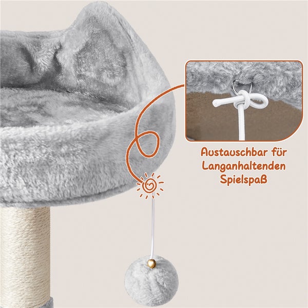 Detailansicht eines Kratzbaums mit austauschbarem Spielzeug für Katzen