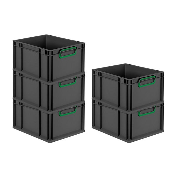 PROREGAL SparSet 5x Eurobox NextGen Color, HxBxT 22x30x40cm, 20 Liter, Griffe grün geschlossen, Schwarz, Eurobehälter, Transportbox, Transportbehälter, Stapelbehälter
