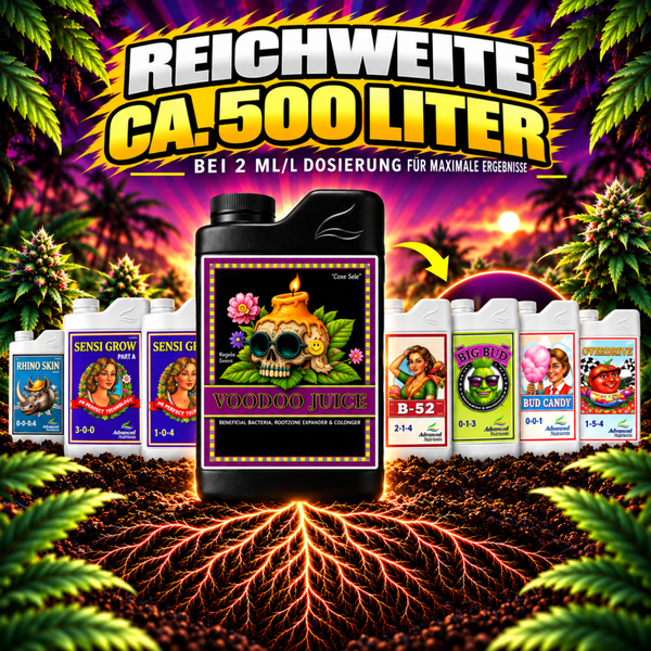 Eine Auswahl an Advanced Nutrients Pflanzendüngern und Zusatzstoffen auf Erde präsentiert vor einem tropischen Sonnenuntergang.